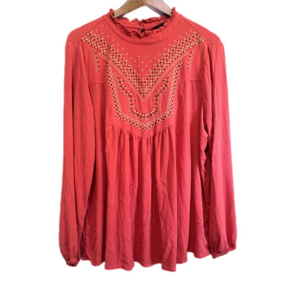Torrid Embroidered Blouse Womens 0 Coral Excellent Ruffle Neck‎ Long Sleeve Boho